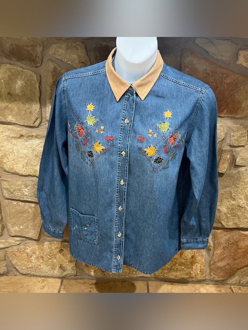 Vtg Bobbie Brooks Woman XL Collared Denim Button Up Shirt Fall Leaf Embroidery
